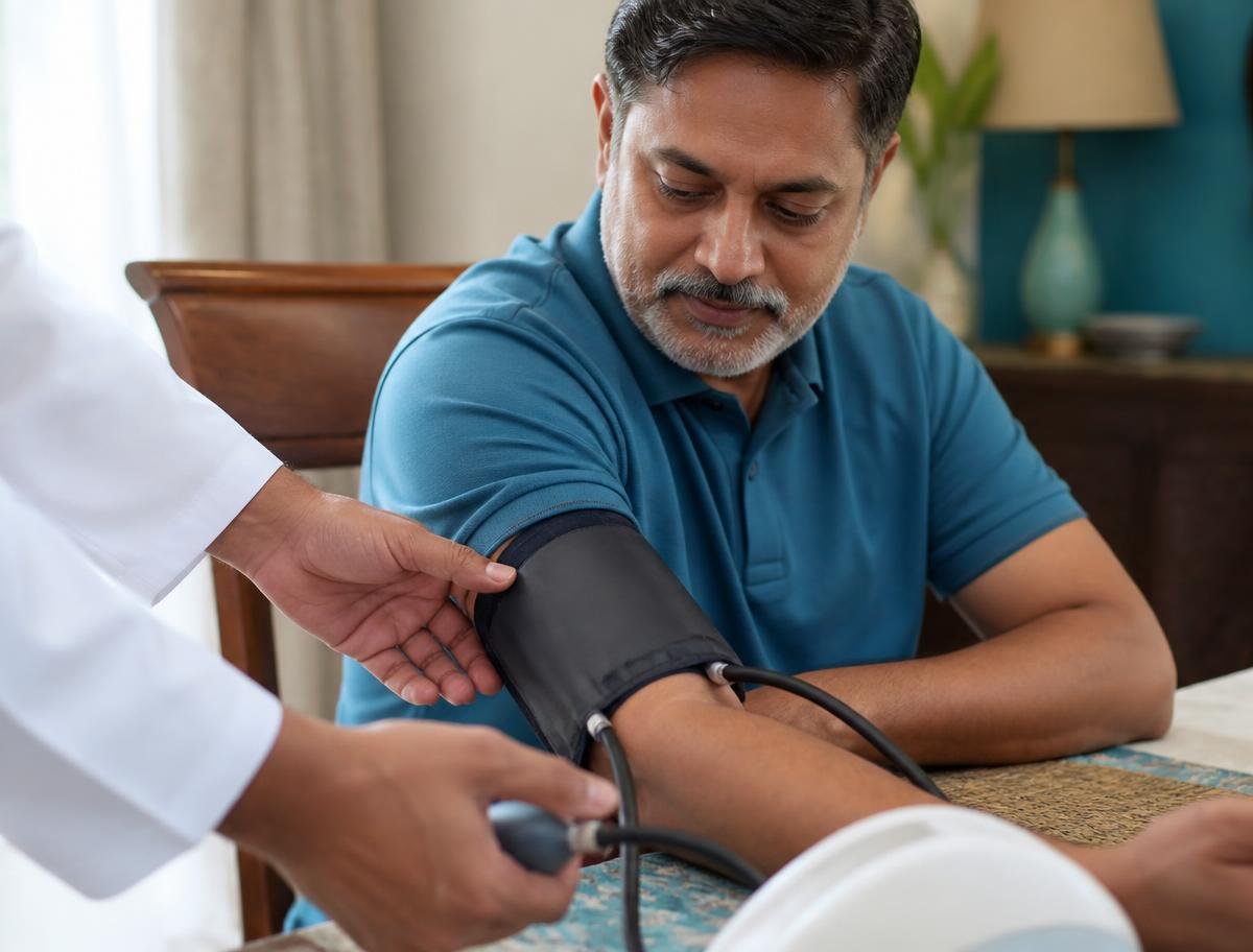 A healthcare professional checking a patient's blood pressure at a home dining table