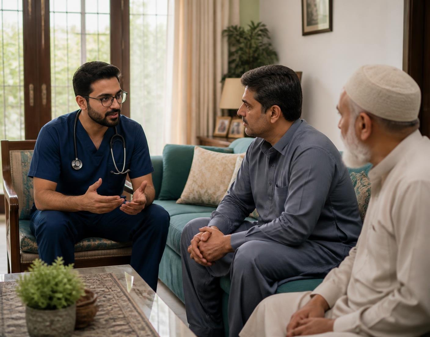 A general practitioner in navy scrubs explaining a care plan to an adult patient and a family member in a Lahore home
