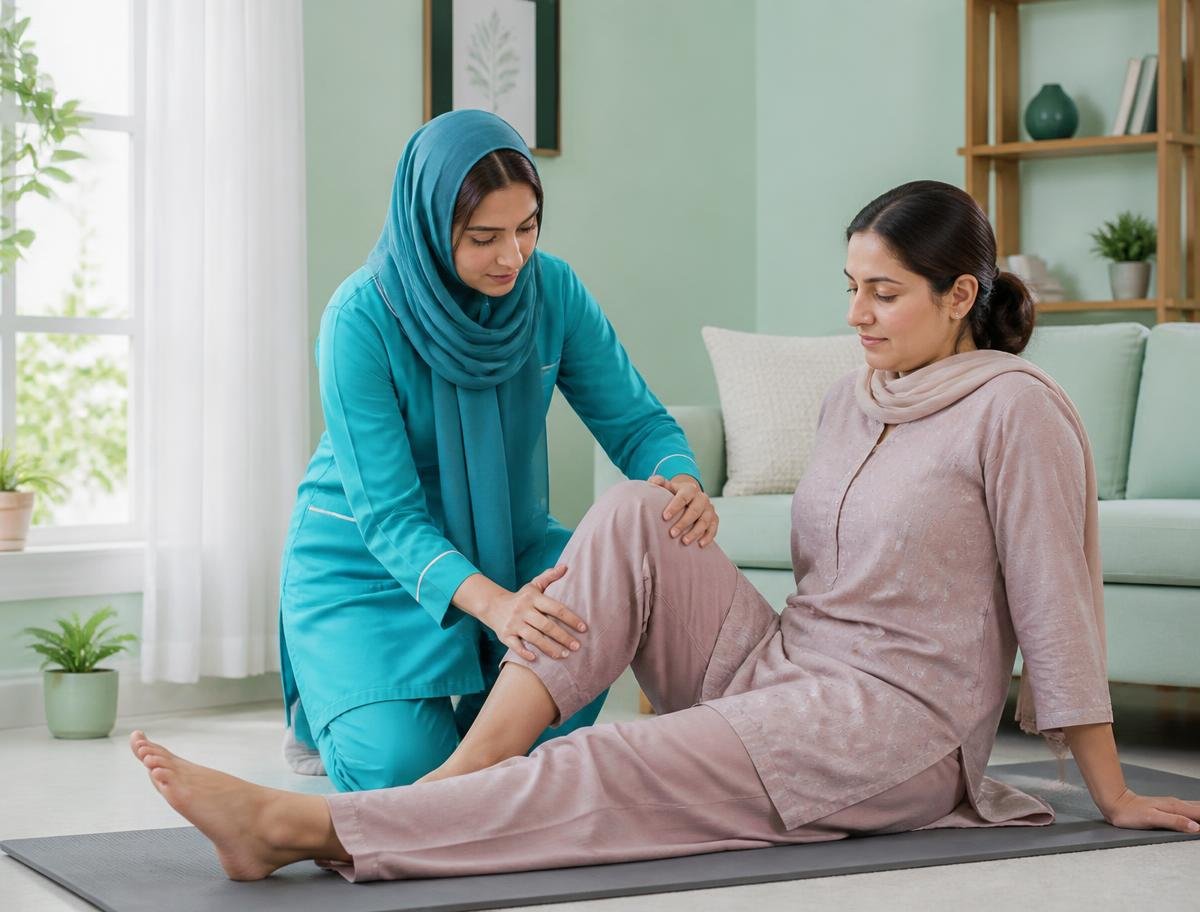 A female physiotherapist guiding a female patient through a gentle knee mobility exercise at home