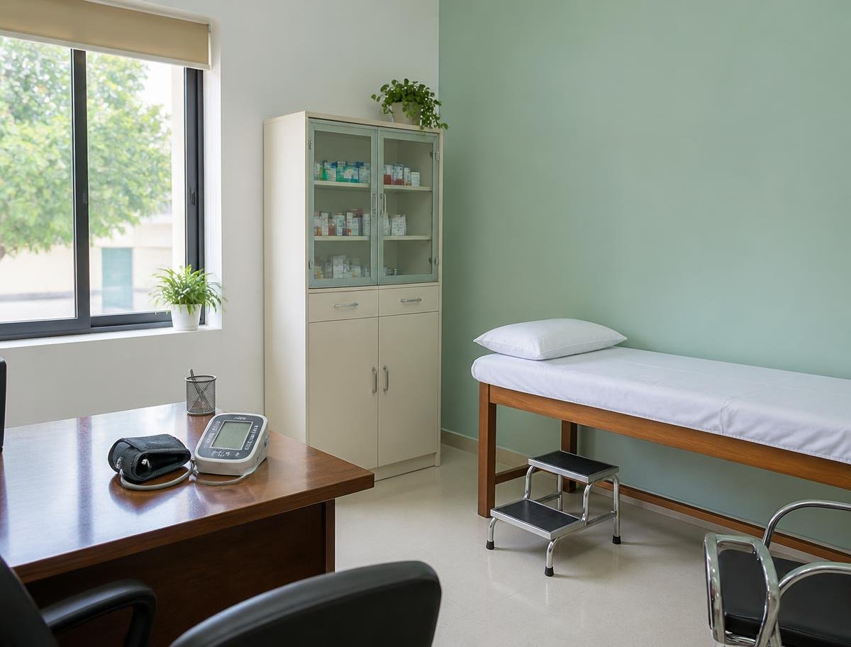 A tidy general-practice consultation room in Lahore with an examination couch and desk